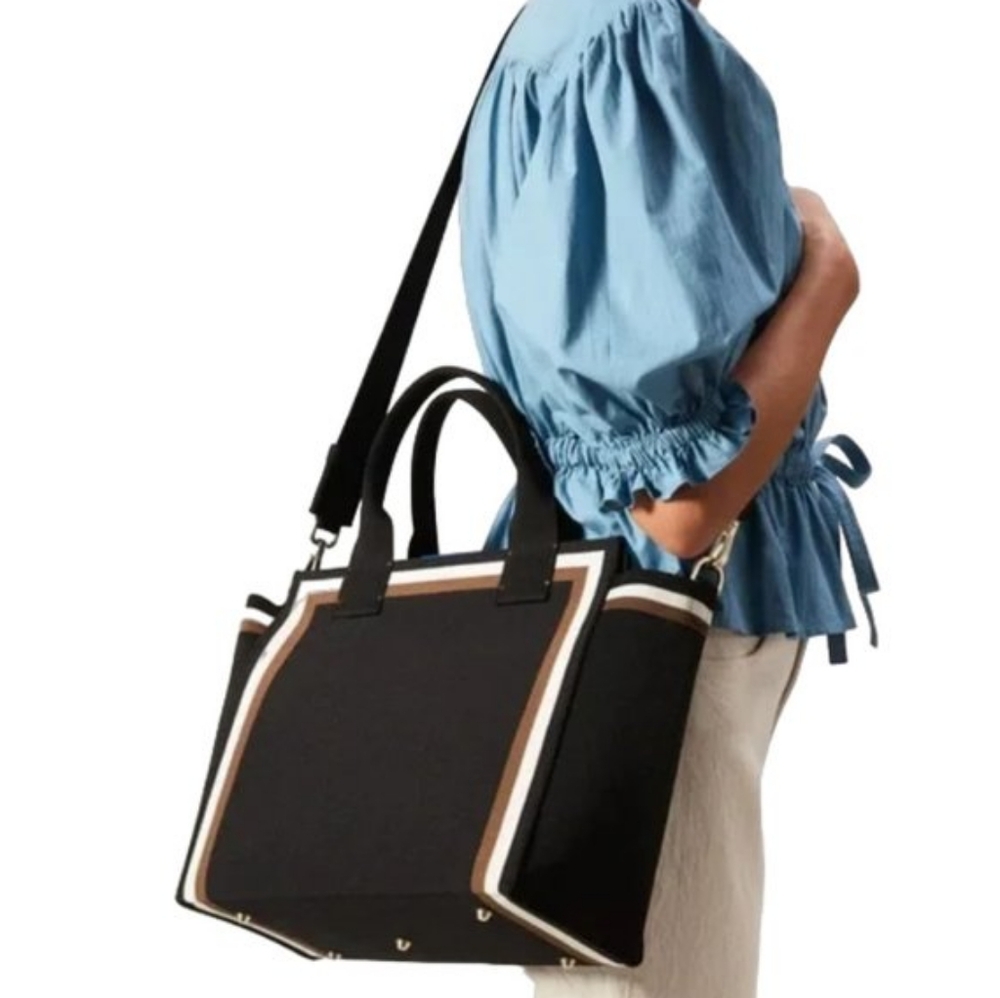 Rothy's Black Crossbody Tote with Tan and Cream Trim